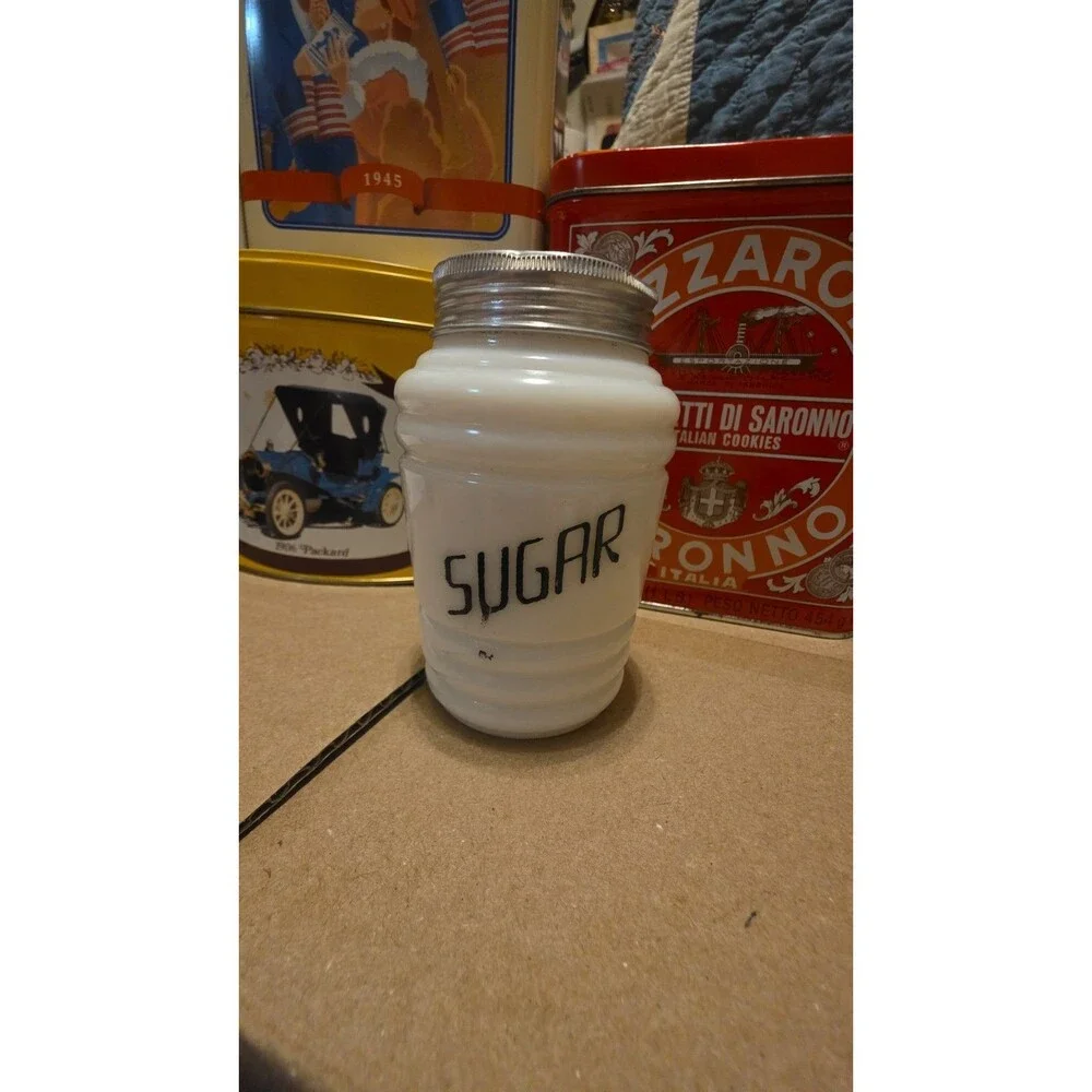 Vintage Hazel Atlas Sugar Shaker Milkglass Black Letter Beehive